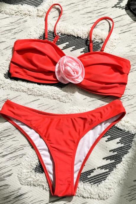 Womens Red Twist-front Bikini Top And Bottom Set