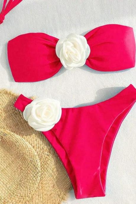 Womens Floral Accented Pink Bikini Swimwear Set