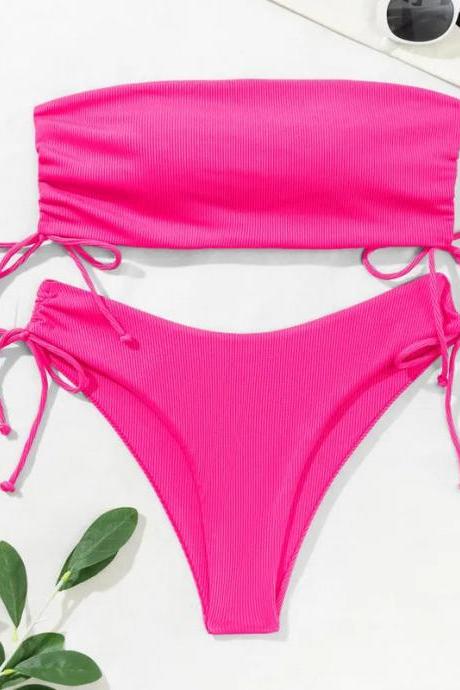 Womens Pink Bandeau Bikini Set With Side Ties