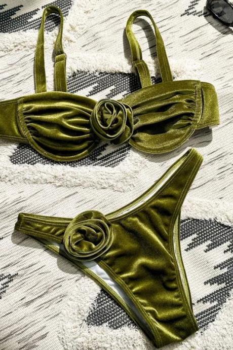 Olive Green Velvet Bikini Set With Knot Detail