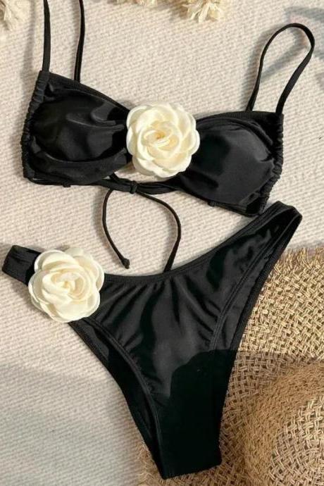 Womens Floral Accent Black Bikini Swimwear Set