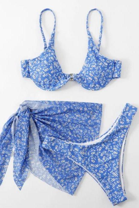 Womens Floral Blue Bikini Set With Sarong Wrap