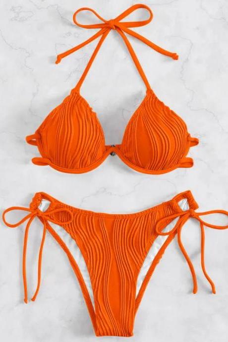 Womens Ribbed Orange Bikini Set With Tie Closures