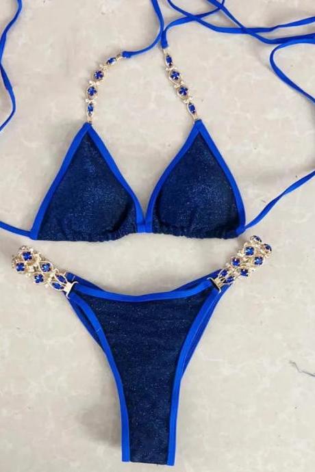 Womens Blue Glitter Bikini With Rhinestone Accents
