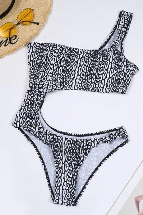 Womens One-shoulder Leopard Print Bikini Swimwear Set