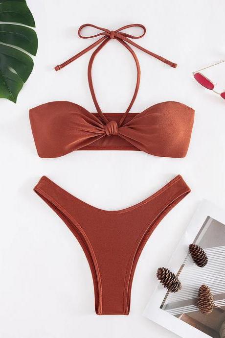Womens Rustic Brown Tie-front Bikini Set Swimwear