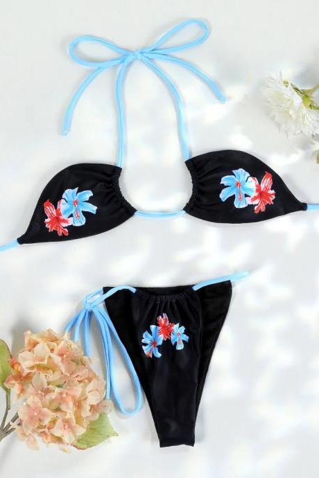 Floral Embroidery Black Bikini Set With Blue Ties