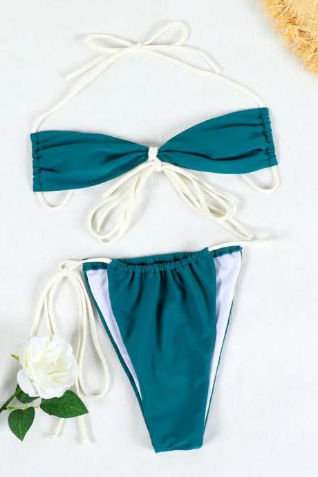 Womens Teal Tie-front Bikini Set With Side-tie Bottoms
