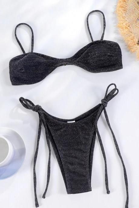 Womens Shimmering Black Bikini Set With Tie Sides