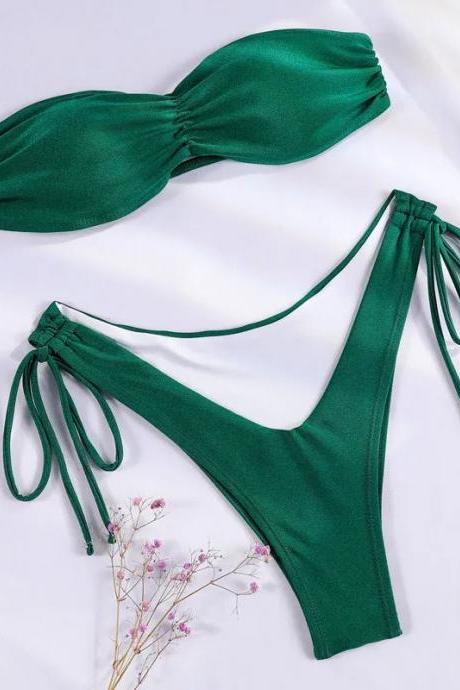 Womens Emerald Green Bandeau Bikini Set Swimwear