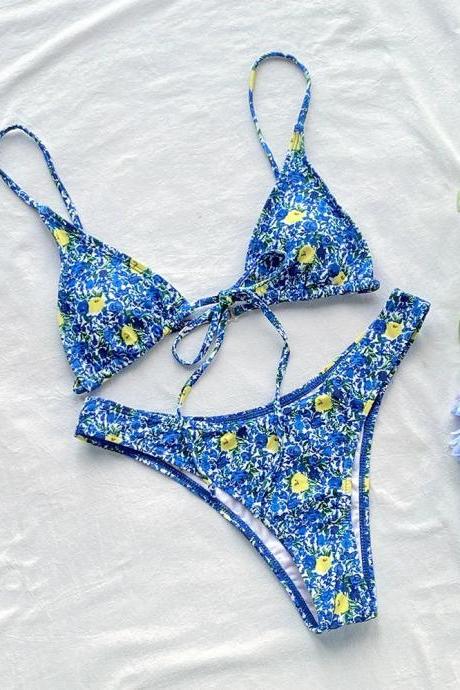 Womens Floral Print Blue Bikini Set Two-piece Swimwear
