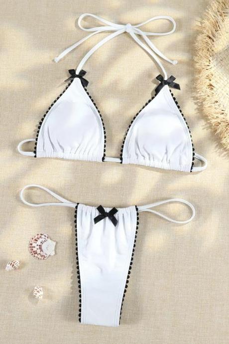 Womens White Bikini Set With Black Bow Accents