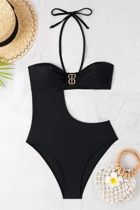 Elegant Halter Neck High-waist One-piece Swimsuit Black