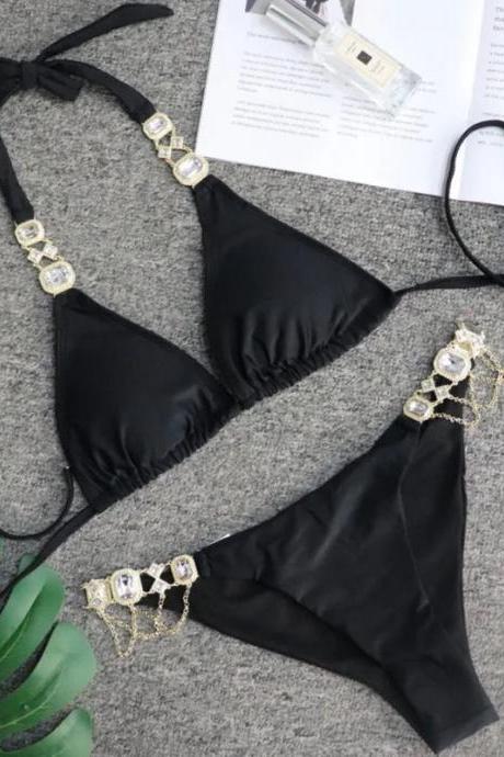Elegant Black Bikini With Rhinestone Chain Accents
