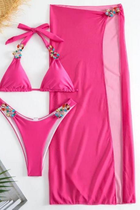 Womens Embellished Pink Bikini And Matching Sarong Set