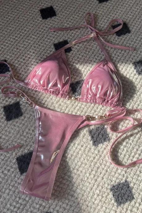 Satin Pink Triangle Bikini Set With Tie Sides