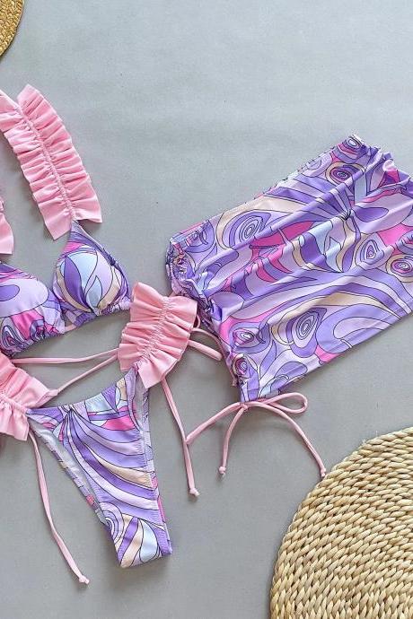 Womens Abstract Print Bikini Set With Ruffle Details