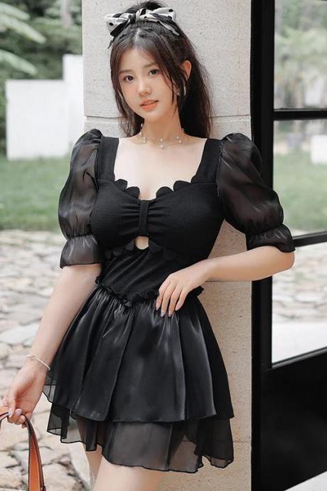 Womens Puff Sleeve Sweetheart Neckline Black Mini Dress