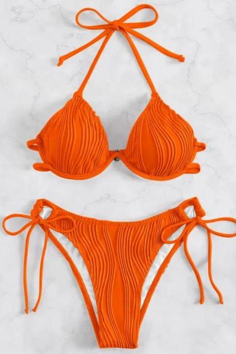 Womens Orange Ribbed Halter Bikini Set Swimwear
