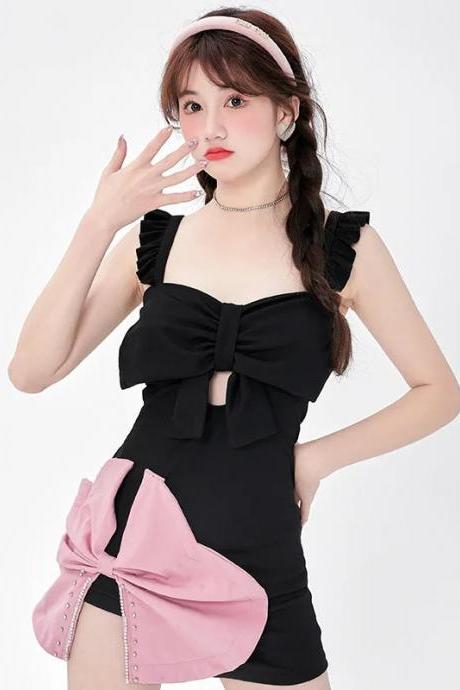 Elegant Black Bow Front Sleeveless Mini Dress