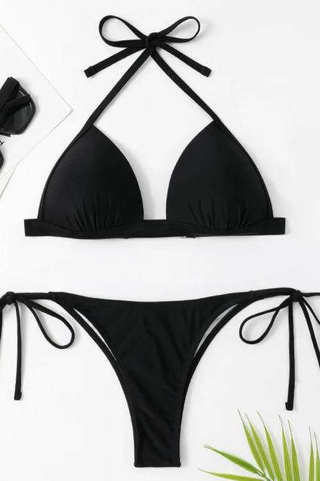 Chic Black Tie-up Halter Neck Bikini Set