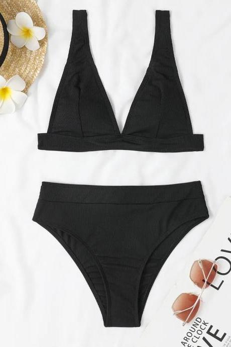 Womens Black Ribbed Triangle Bikini Set Swimwear