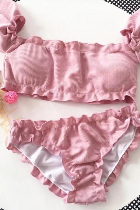 Pink Ruffled Off-shoulder Bikini Swimwear Set For Women