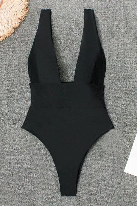 Elegant Black Plunge Neckline One-piece Swimsuit