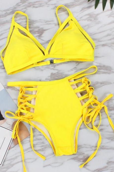 Vibrant Yellow Lace-up High-waist Bikini Set Swimwear