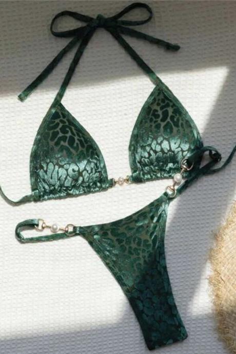Womens Exotic Green Lace Bikini Set With Bead Accents