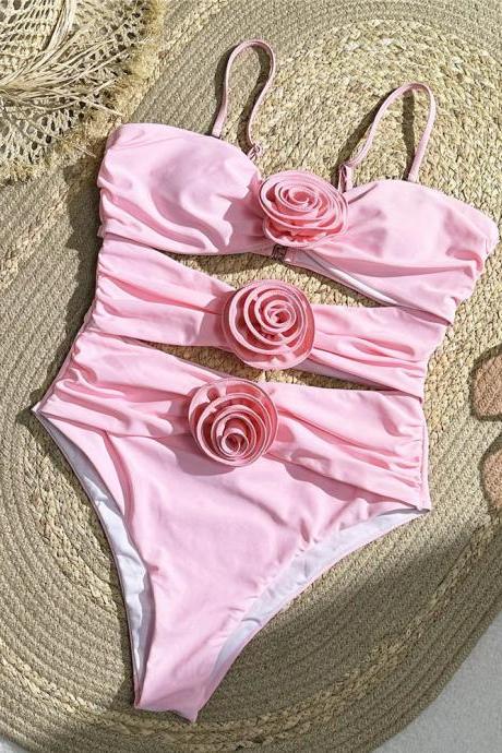 Womens Pink Floral Accents Bandeau Bikini Swimsuit Set
