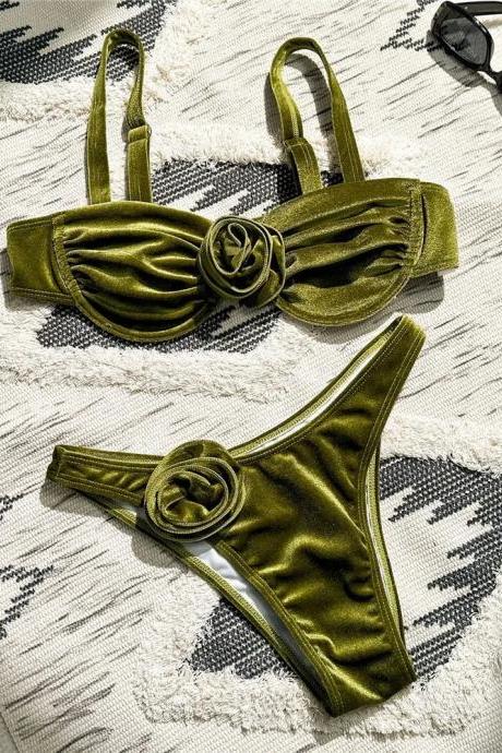 Womens Olive Green Velvet Bikini Set With Rosettes