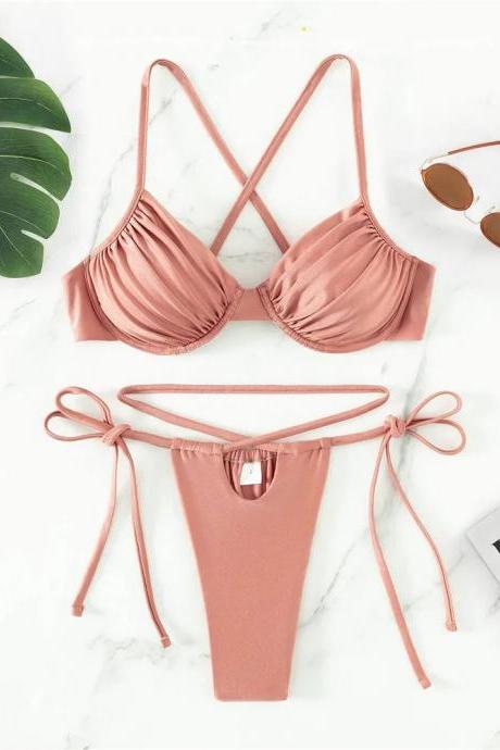 Womens Ruched Two-piece Bikini Swimwear Set In Pink