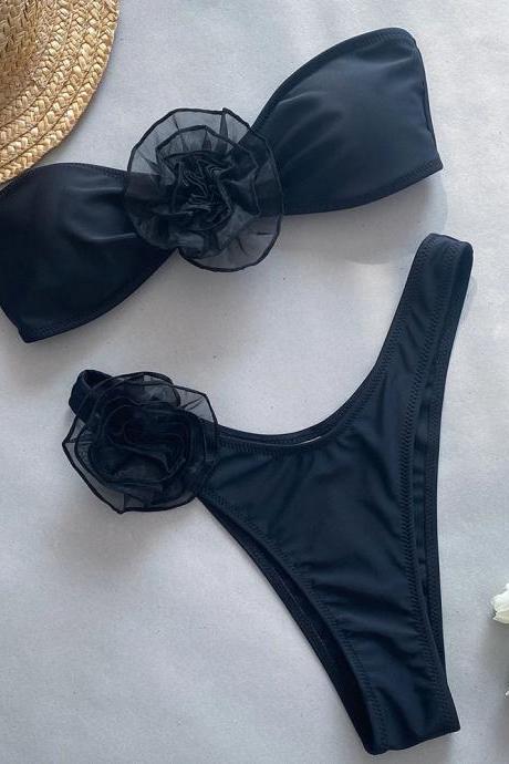Black Ruffled Bandeau Bikini Set With Matching Bottoms