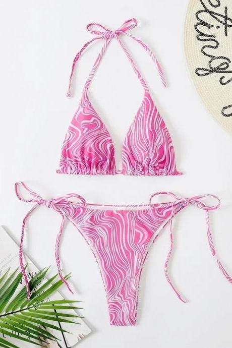 Pink Zebra Print Tie-up Bikini Swimwear Set