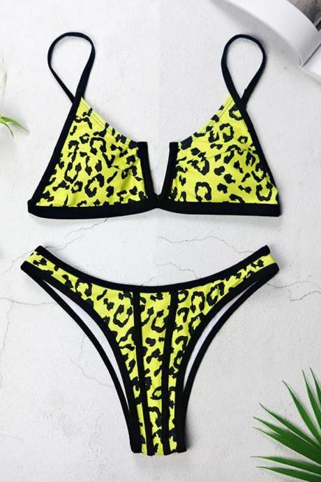 Womens Neon Leopard Print Bikini Swimwear Set