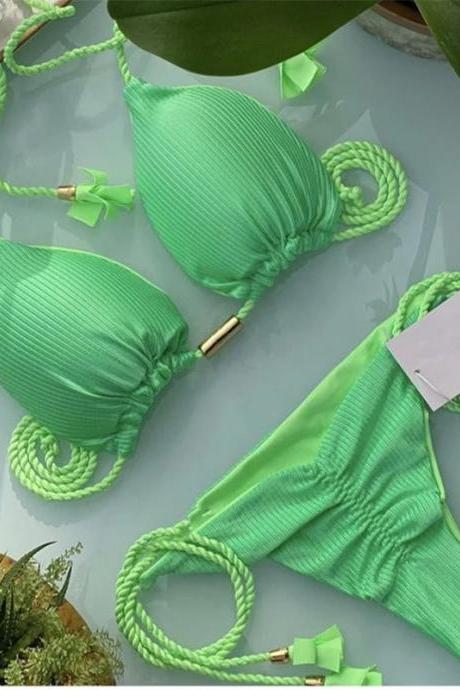 Womens Green Textured Bikini Set With Braided Ties