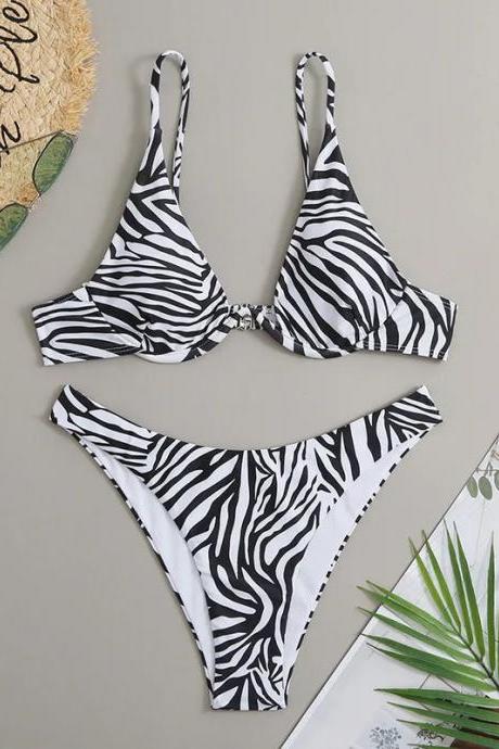 Womens Zebra Print Two-piece Bikini Swimwear Set
