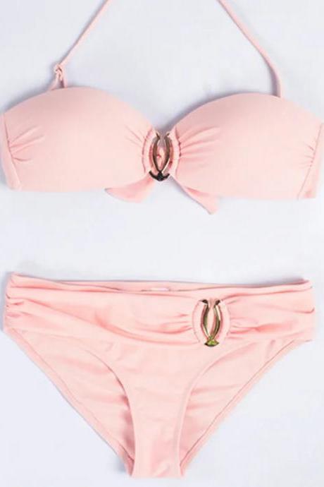 Womens Pink Bandeau Bikini Set With Gold Ring Detail