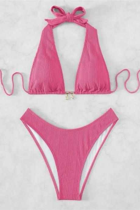 Womens Pink Ribbed Tie-halter Bikini Swimwear Set