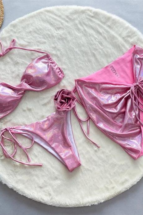 Womens Pink Metallic Bikini Set With Matching Scrunchies