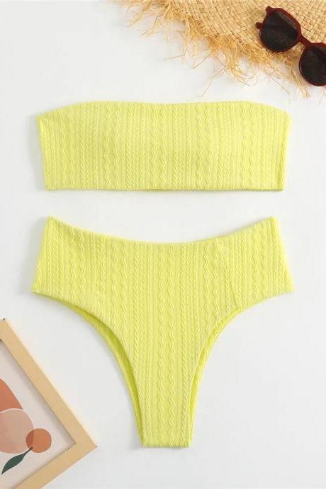Womens Textured Bandeau Top High-waisted Bikini Set