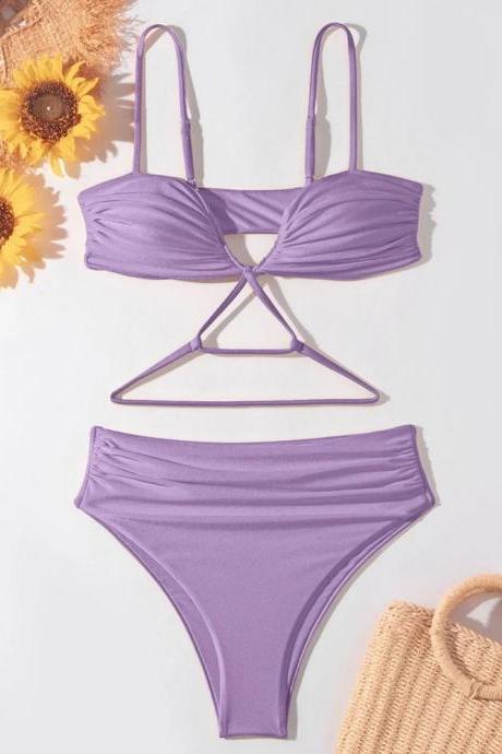 Womens Lilac Strappy Bikini Set High-waisted Swimwear