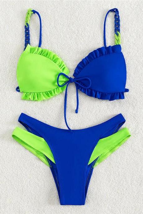 Two-tone Blue And Green Ruffled Bikini Swimwear Set