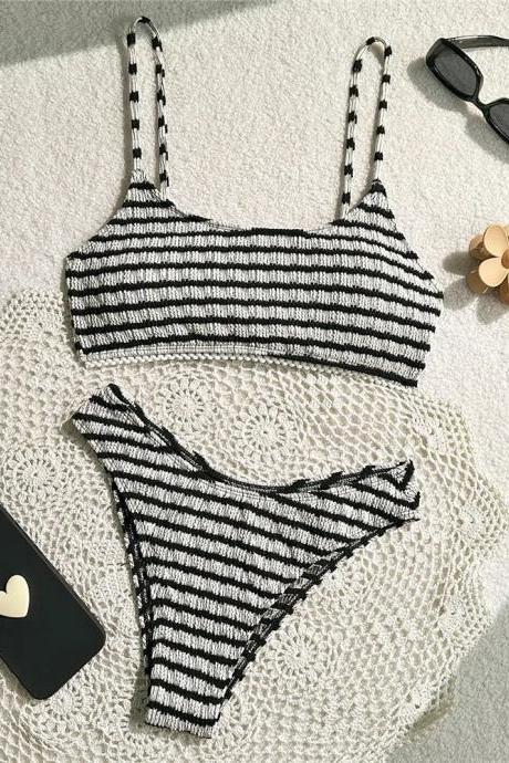 Womens Striped High-waisted Bikini Swimwear Set