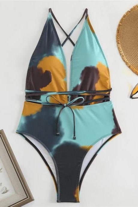 Tie Dye Print Backless Swimwear One Piece Swimsuit Women 2024 String Cross Lace-up Monokini Bathing Suit Swimming Wear For Woman