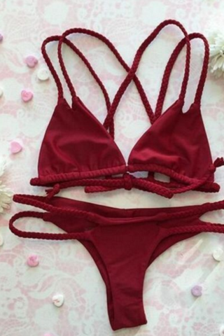 HOT TWO PIECE PURE COLOR WINE RED BRAID POLYLINE BIKINIS