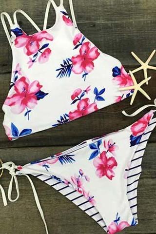 Cute Bellyband Floral Net Two Piece Bikini