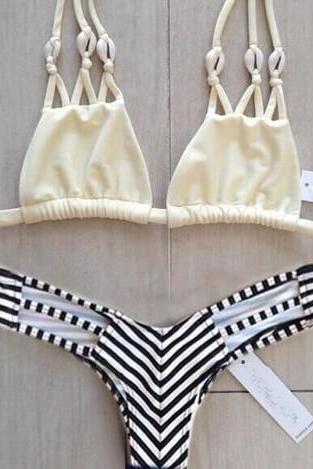 Cute Shell Net Stripe Hollow Out Two Piece Bikini