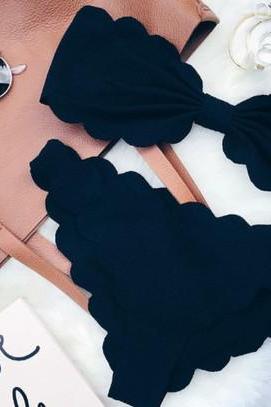 Fashion Cute Strapless Black Scalloped Two Piece Bikinis